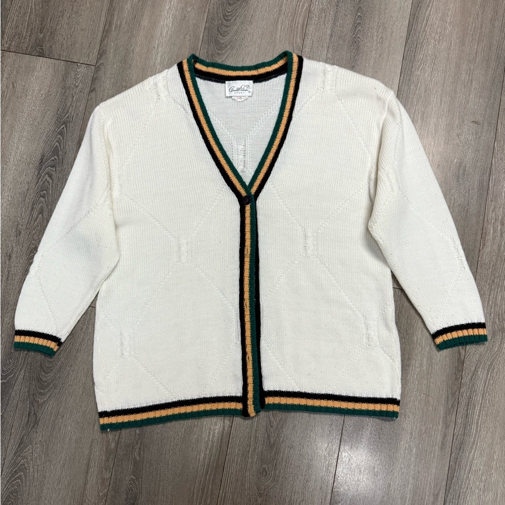 Vtg Arnold Palmer White Cardigan Sweater with Striped Trim - Picture 2 of 8